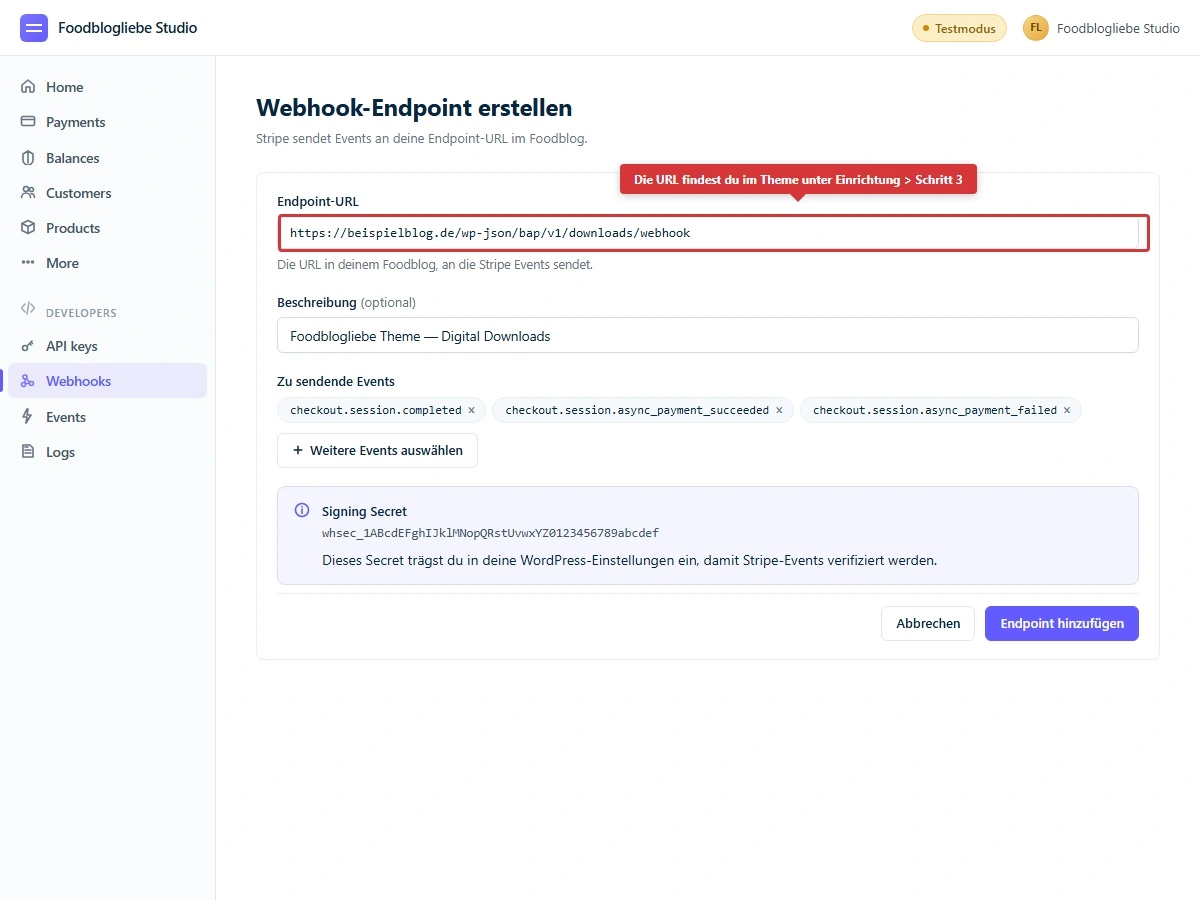 Stripe-Formular "Add endpoint" mit eingefügter Webhook-URL, Beschreibung und den drei ausgewählten Events