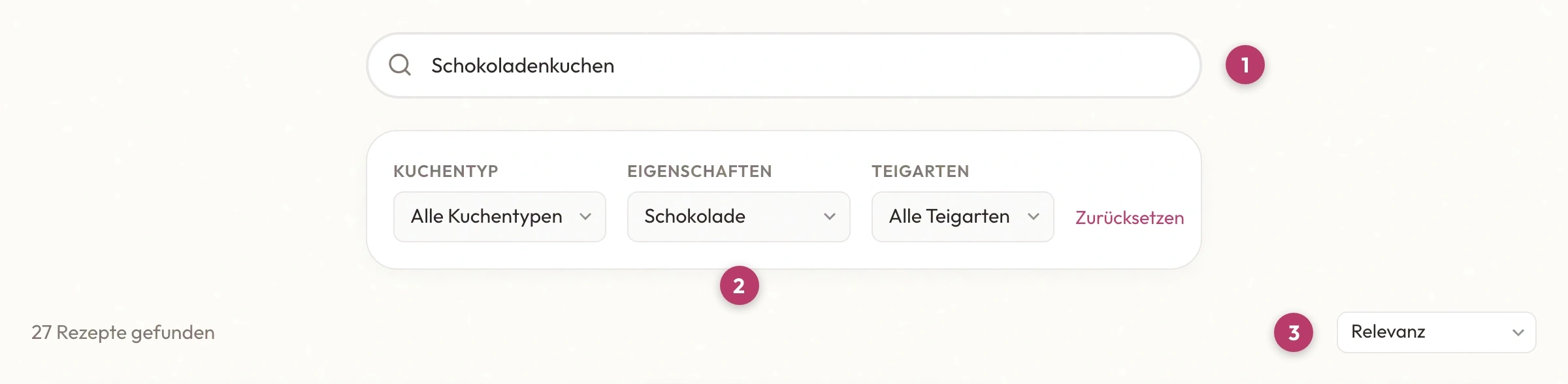 Suchleiste mit dem Begriff Schokoladenkuchen, drei kombinierbare Filter und die Trefferzeile mit Sortierung