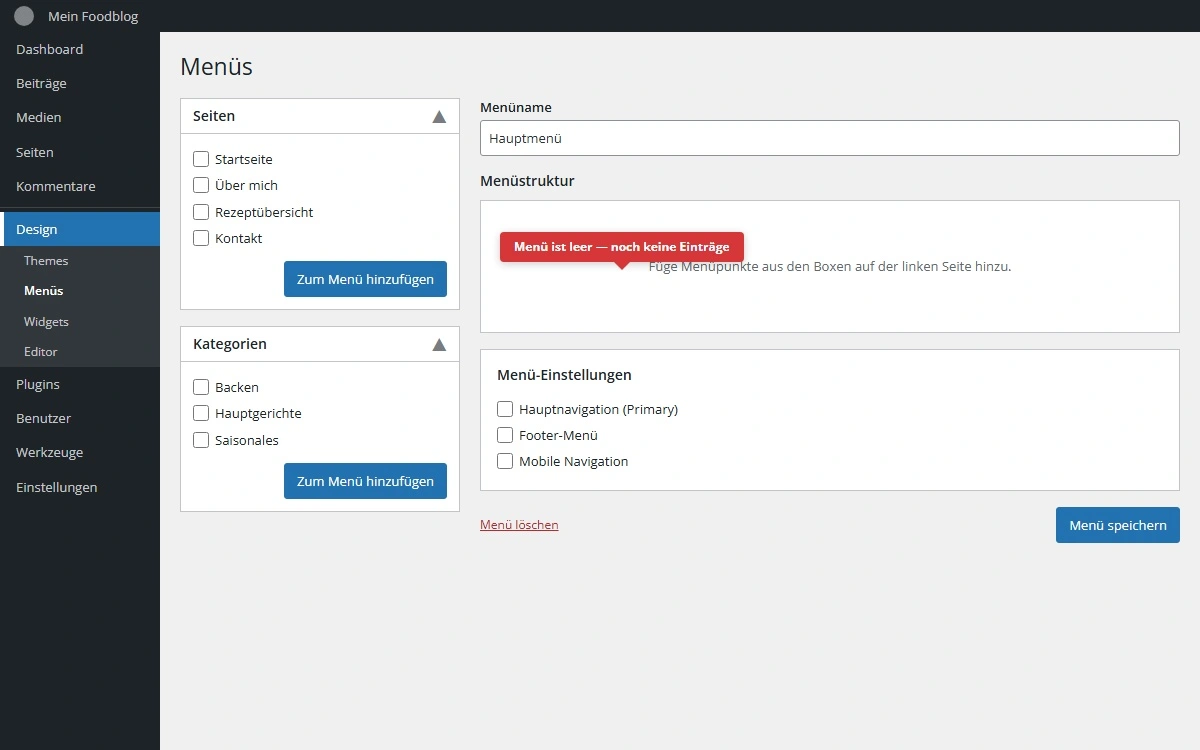 Frisch erstelltes Menü