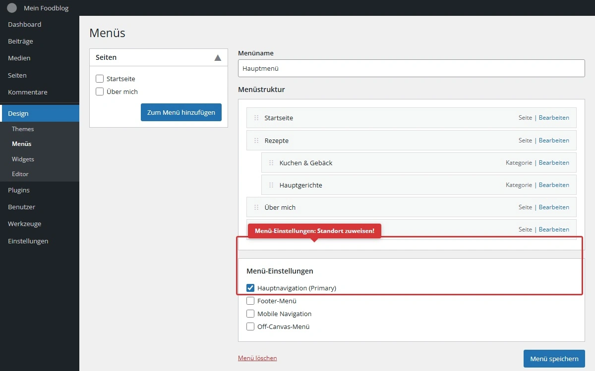 Menüpositionen zuweisen